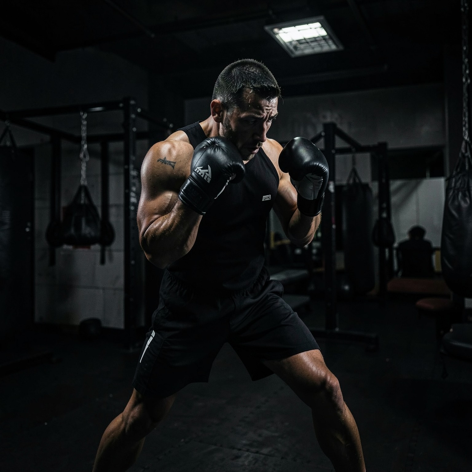 realistic boxer training in dark gym cinematic lighting