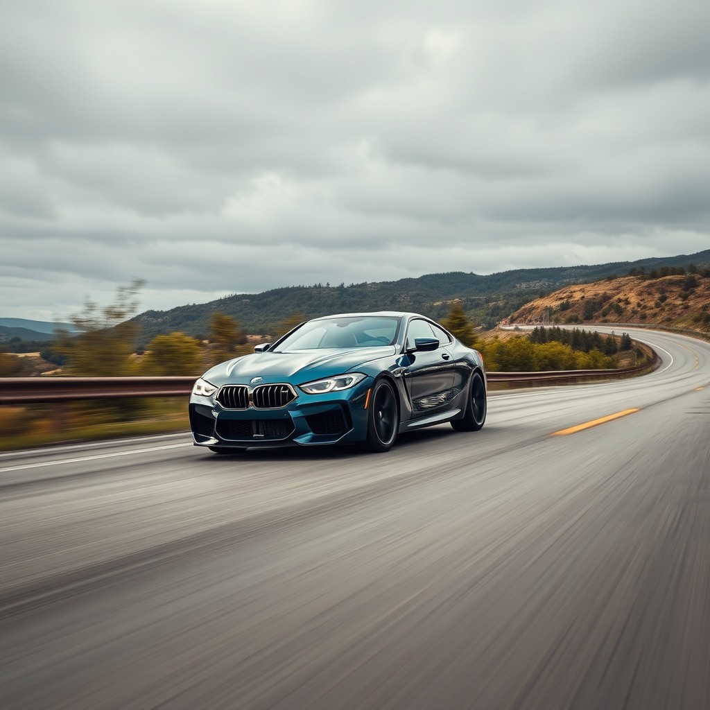 bmw car m8  on the road, photorealistic cinematic, wide angle, 24mm wide lens