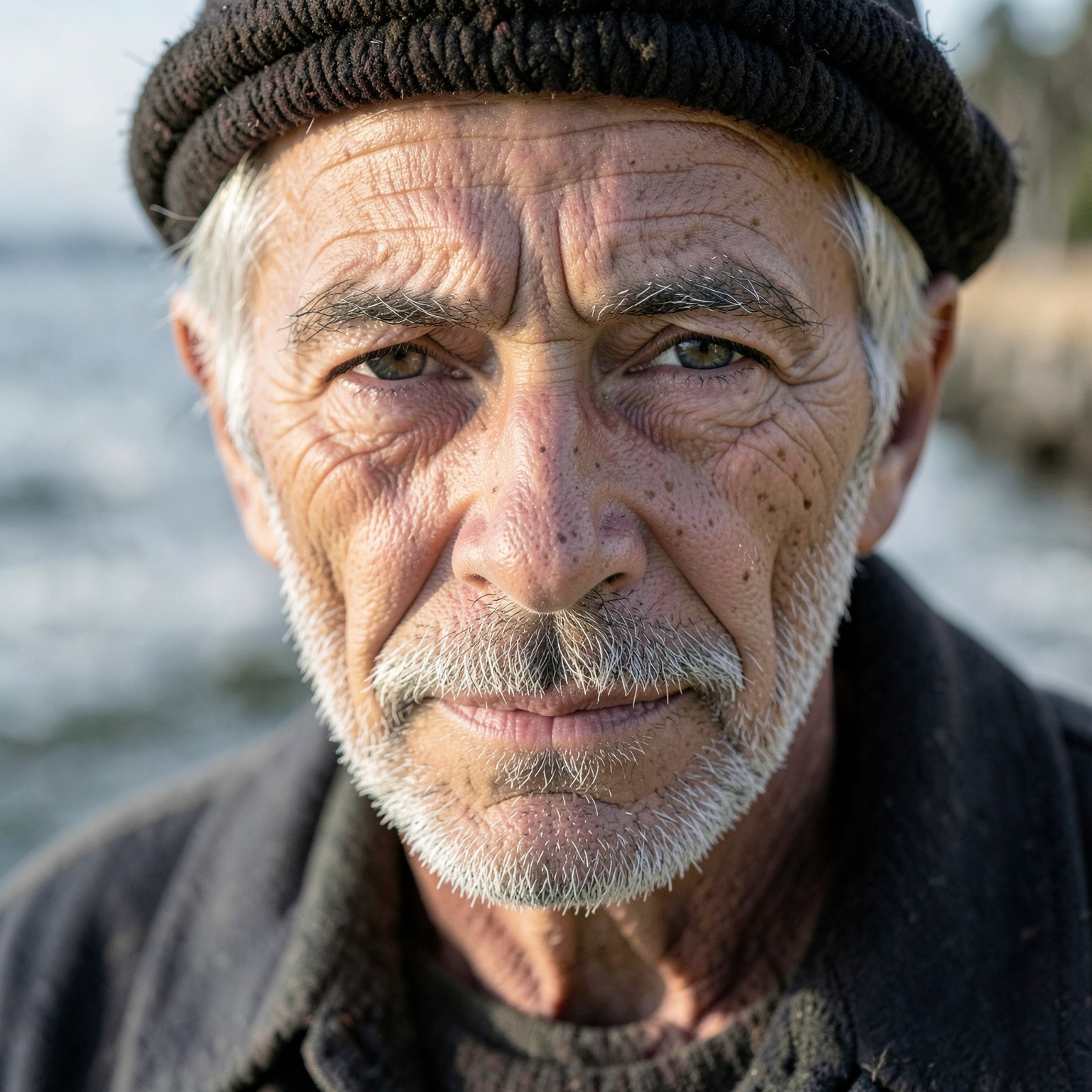 realistic close-up portrait of old fisherman with weathered skin