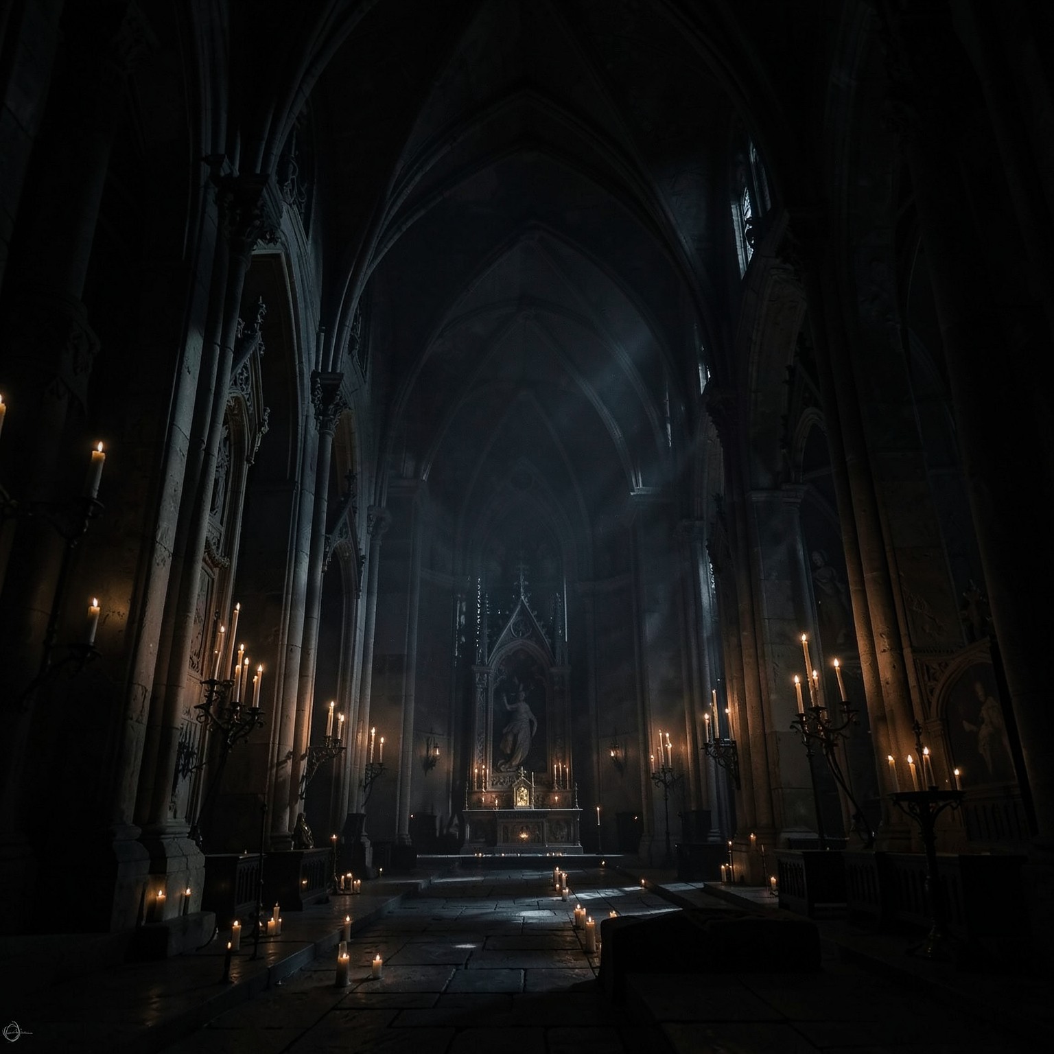 dark gothic cathedral interior with candles and dramatic shadows