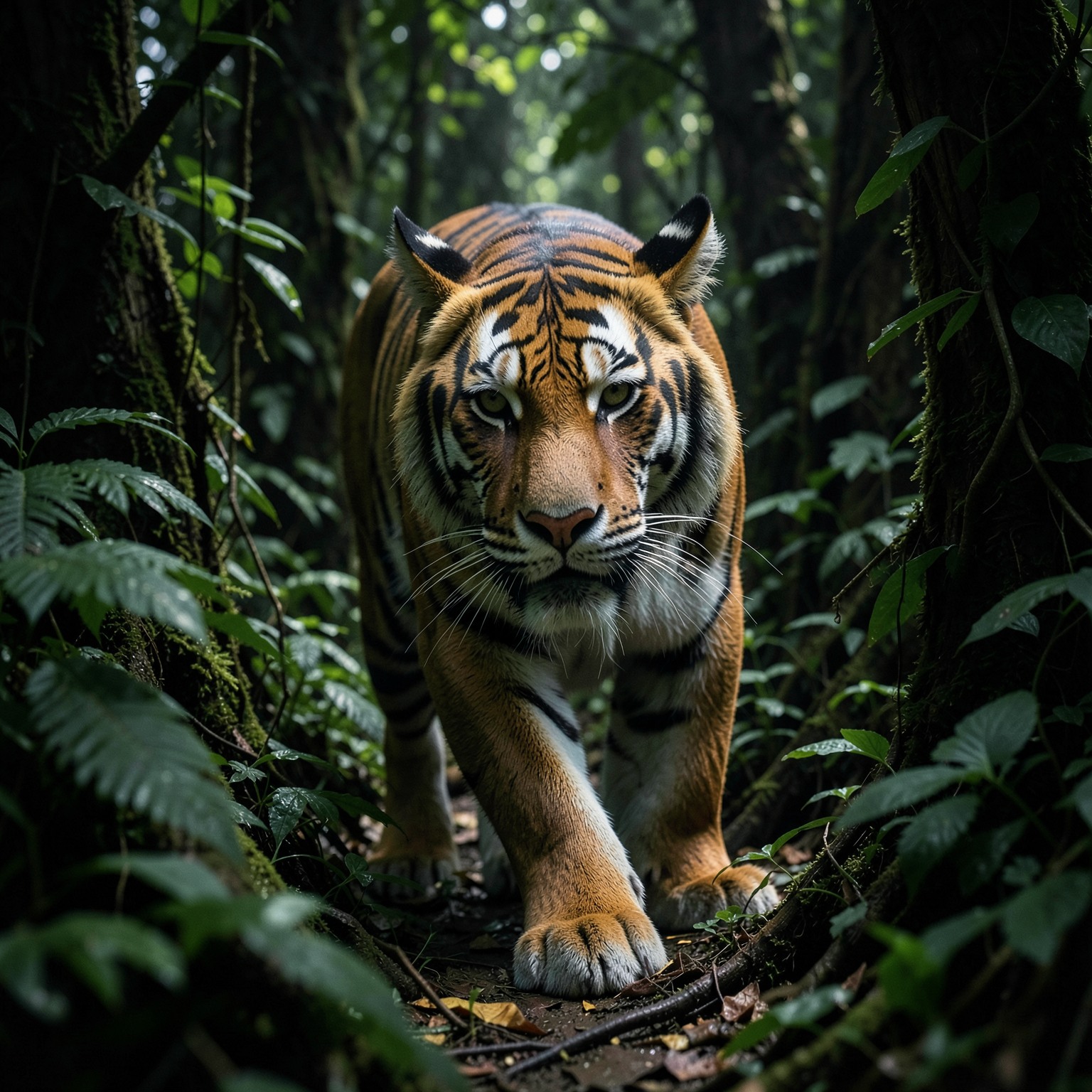 ultra realistic tiger emerging from jungle shadows