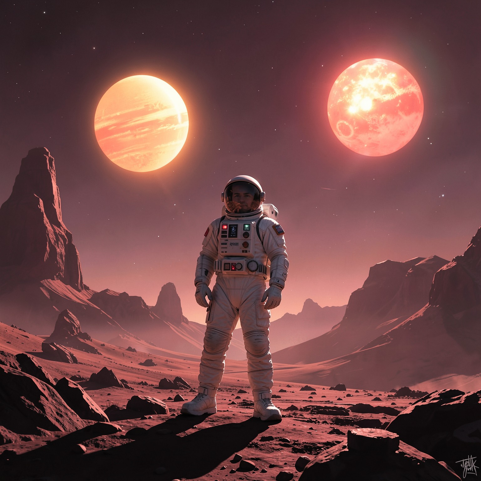 astronaut standing on alien planet with two suns in sky