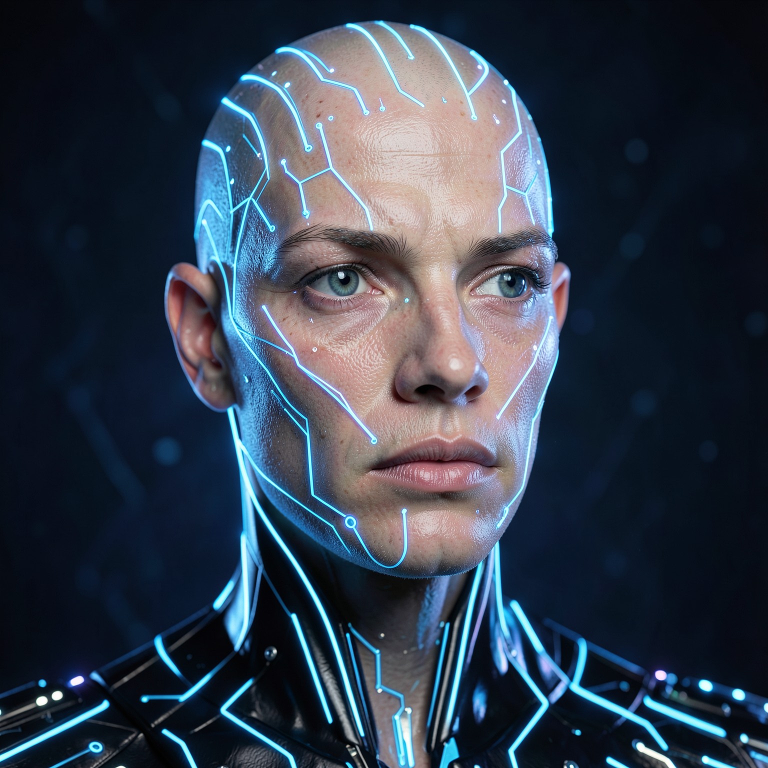 futuristic AI humanoid portrait with glowing circuits and realistic skin