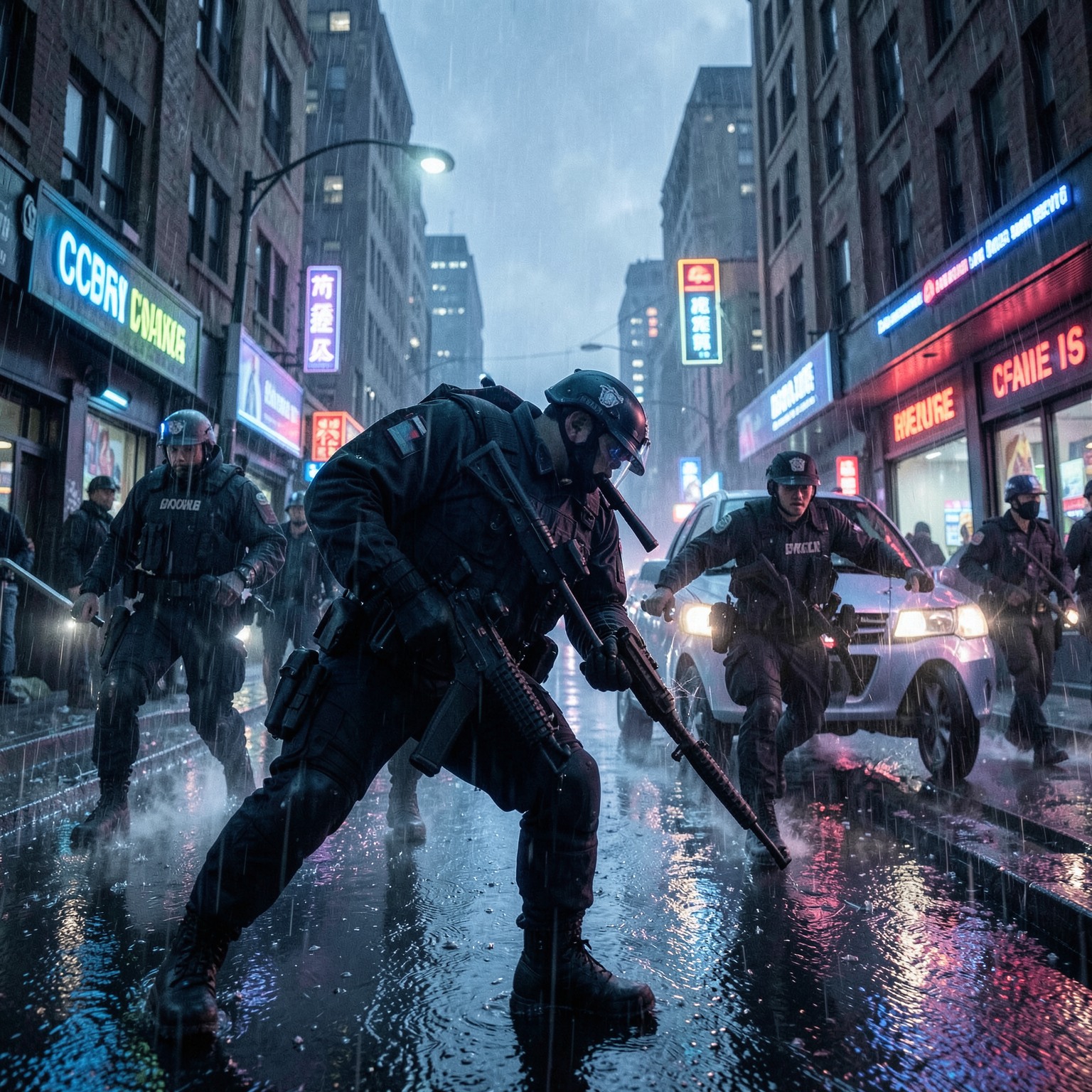 Cyberpunk police chase through rainy streets