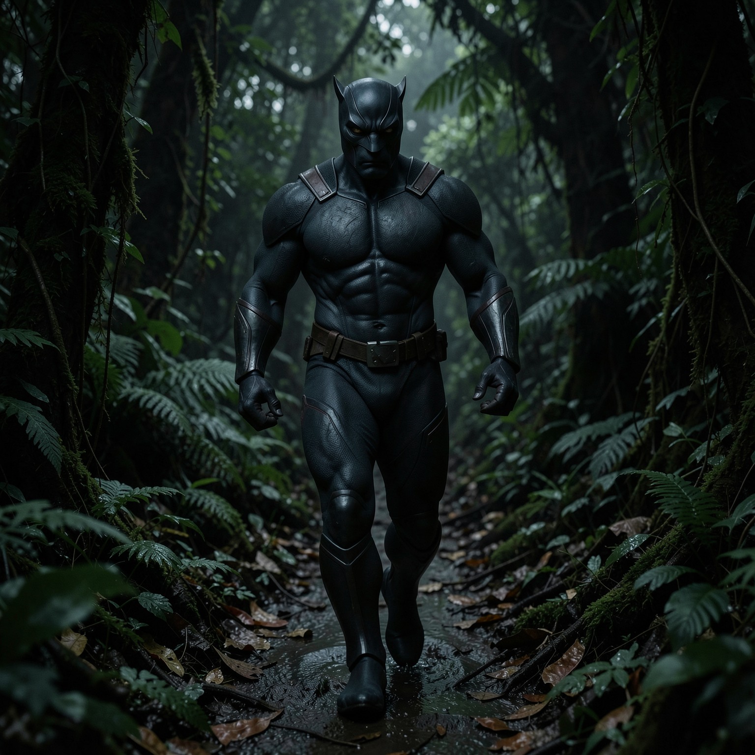 realistic black panther walking through dark jungle