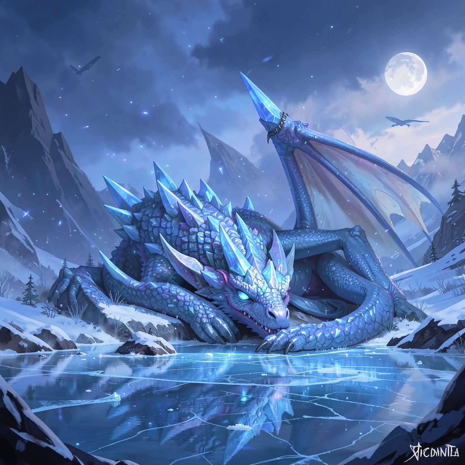 Crystal dragon sleeping beneath frozen lake, magical atmosphere