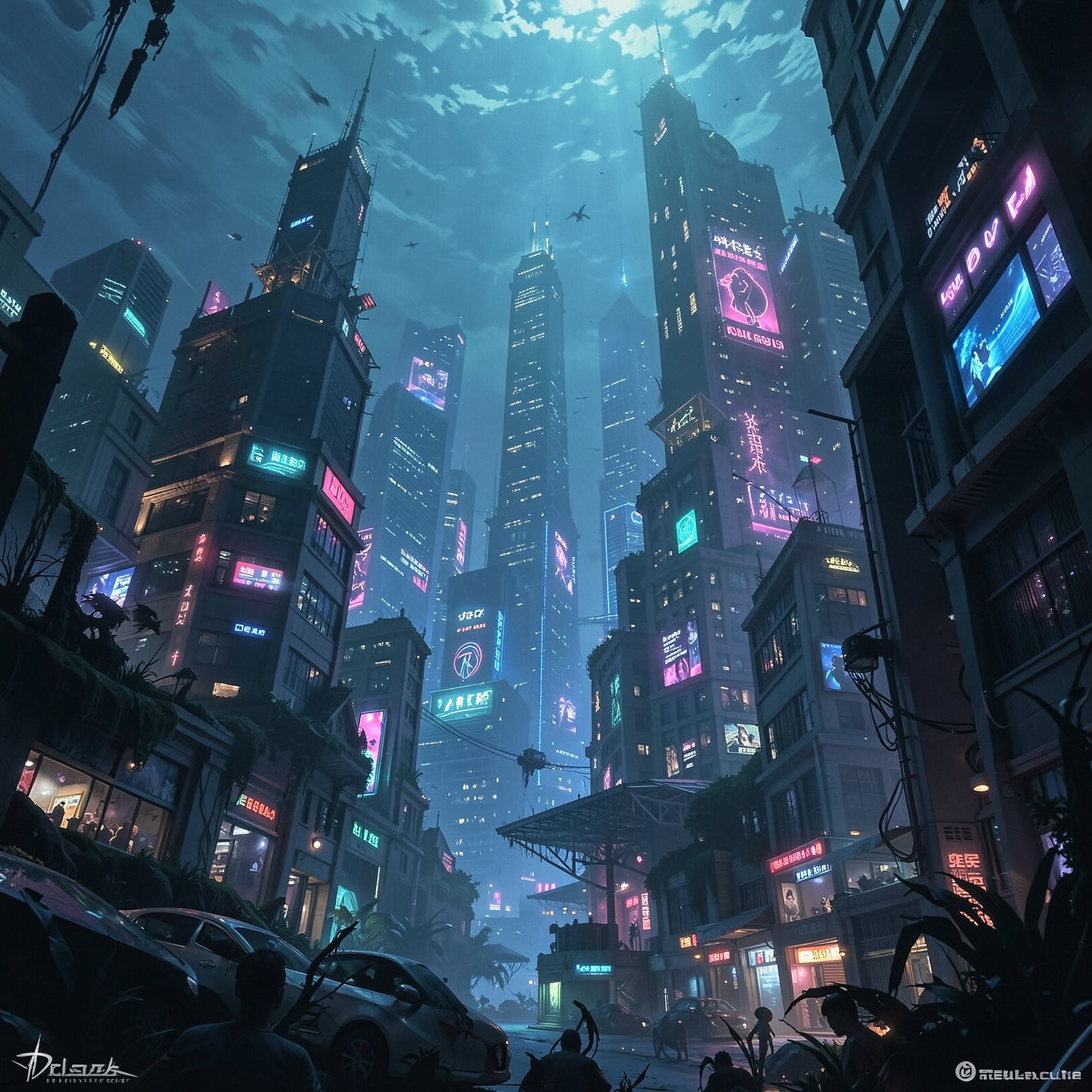Underwater cyberpunk city with glowing skyscrapers