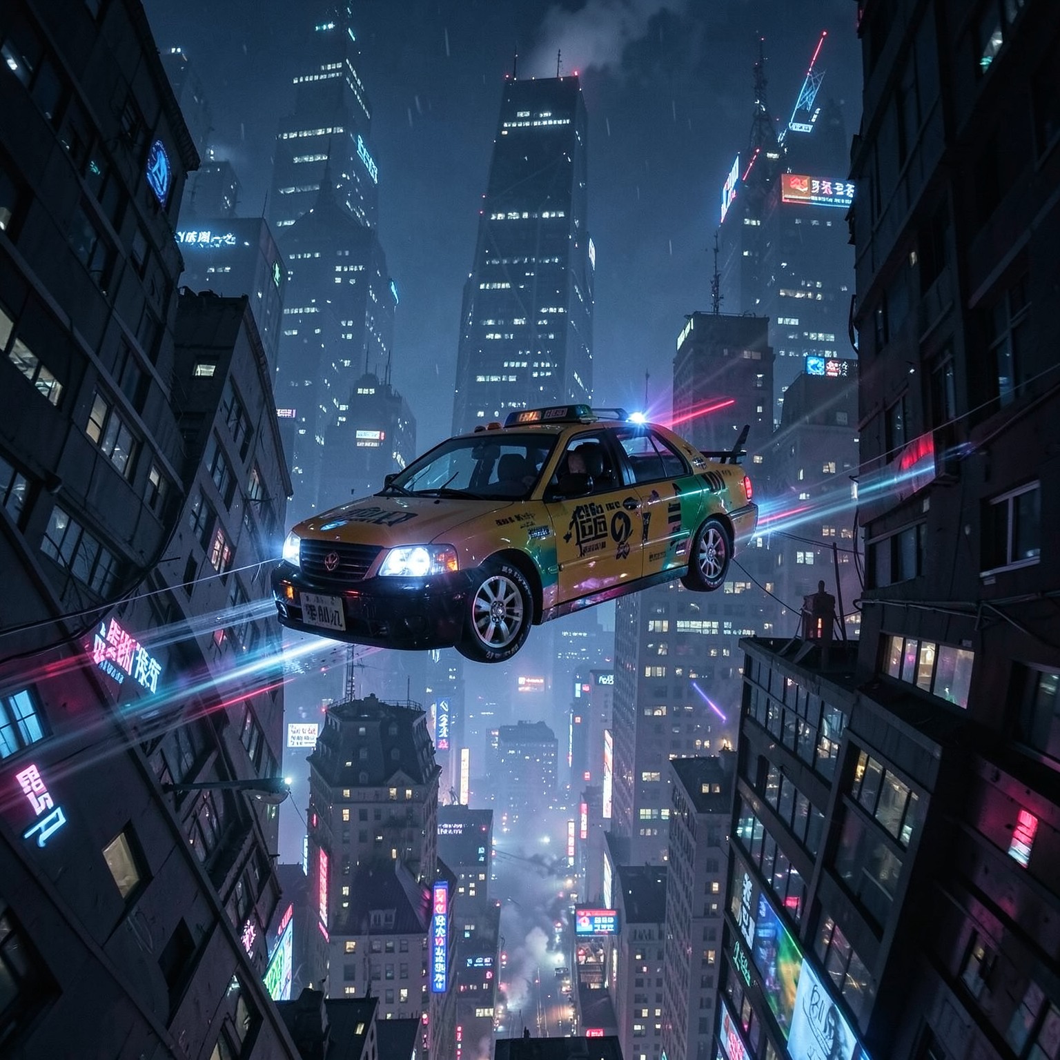 cyberpunk taxi flying between skyscrapers at night