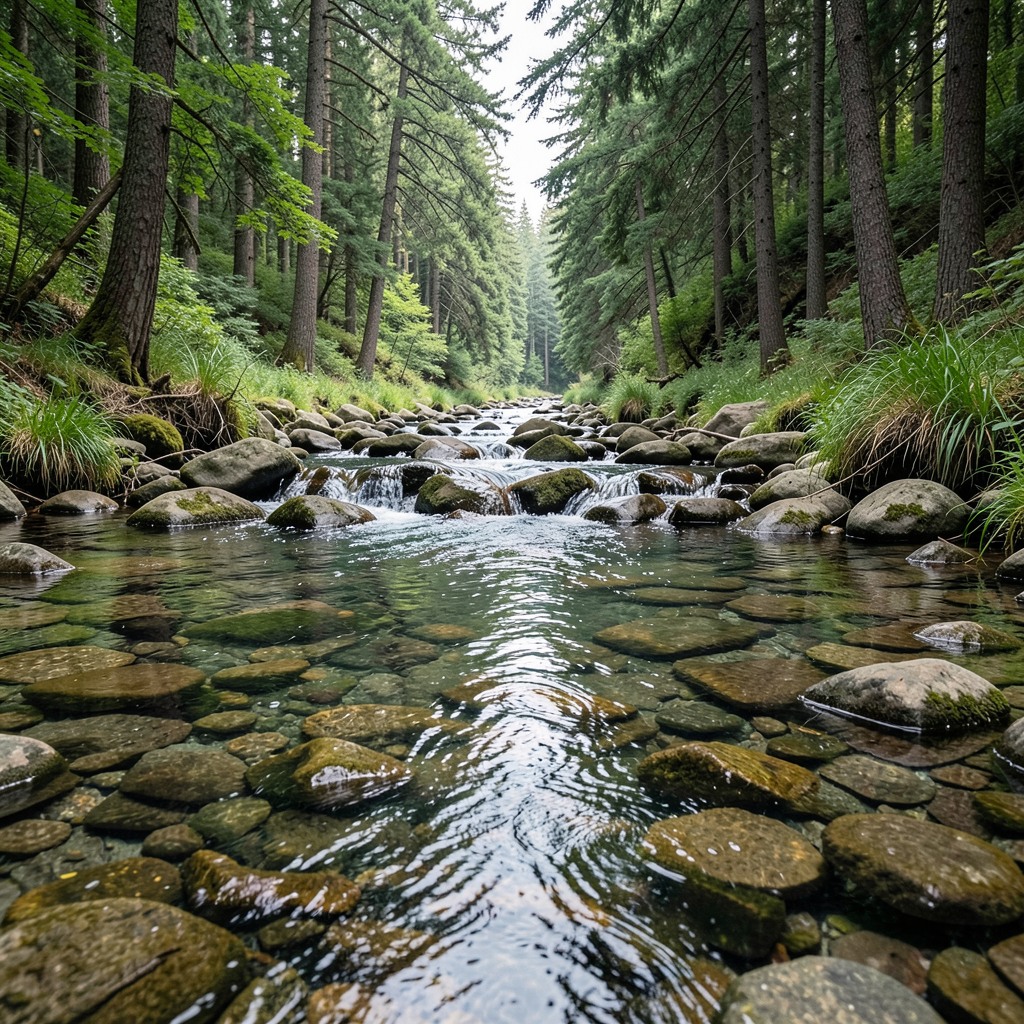 Realistic photograph of a forest river crossing over smooth stones, natural reflections