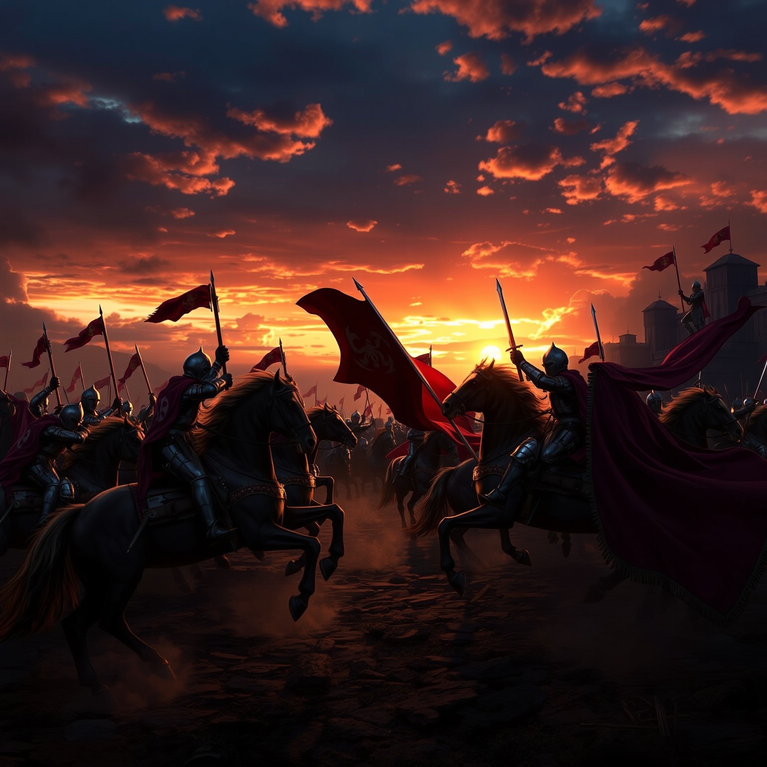 Epic battle scene between knights on horseback with a sunset background