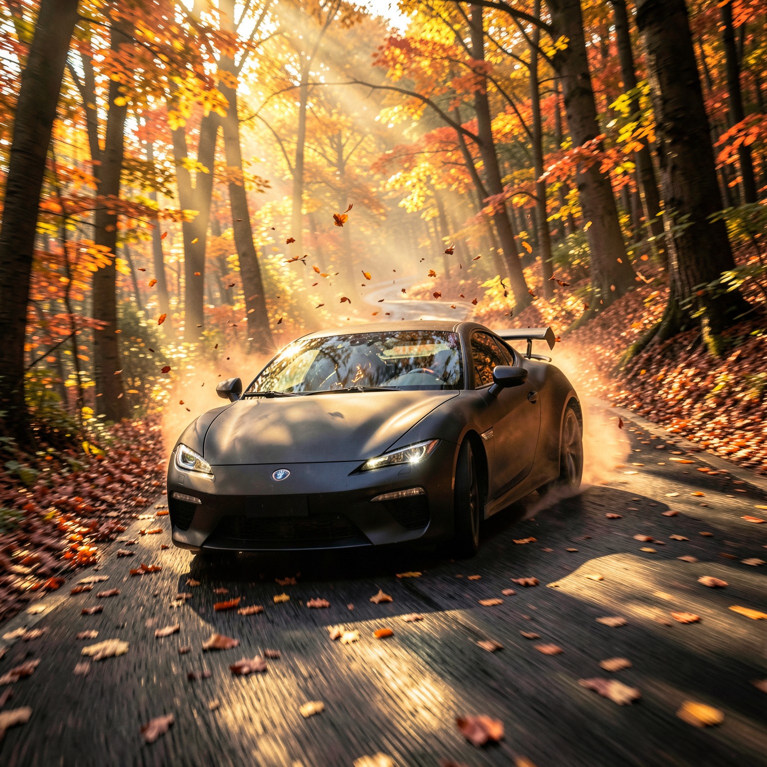 A matte black sports car tears through a dense autumn forest, leaves exploding into the air behind it in a vibrant storm of gold, orange, and red. the camera chases tightly from just behind, weaving through trees at impossible speeds, dipping low with every sharp drift. sunlight filters through the canopy in golden shafts, briefly lighting up the windshield like a spark of fire. the road is narrow, winding, slick with fallen leaves. tires screech, birds scatter. the car blurs briefly with motion, then snaps into focus as it bursts around corners. shot in ultra-realistic, high-frame-rate slow motion with rich cinematic depth and hyper-saturated fall colors.