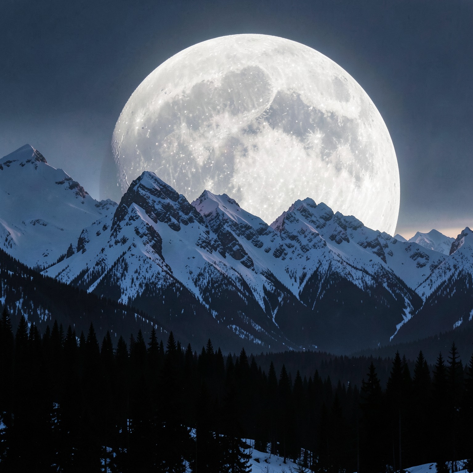Giant moon rising behind snowy mountains and pine forest, ultra cinematic landscape