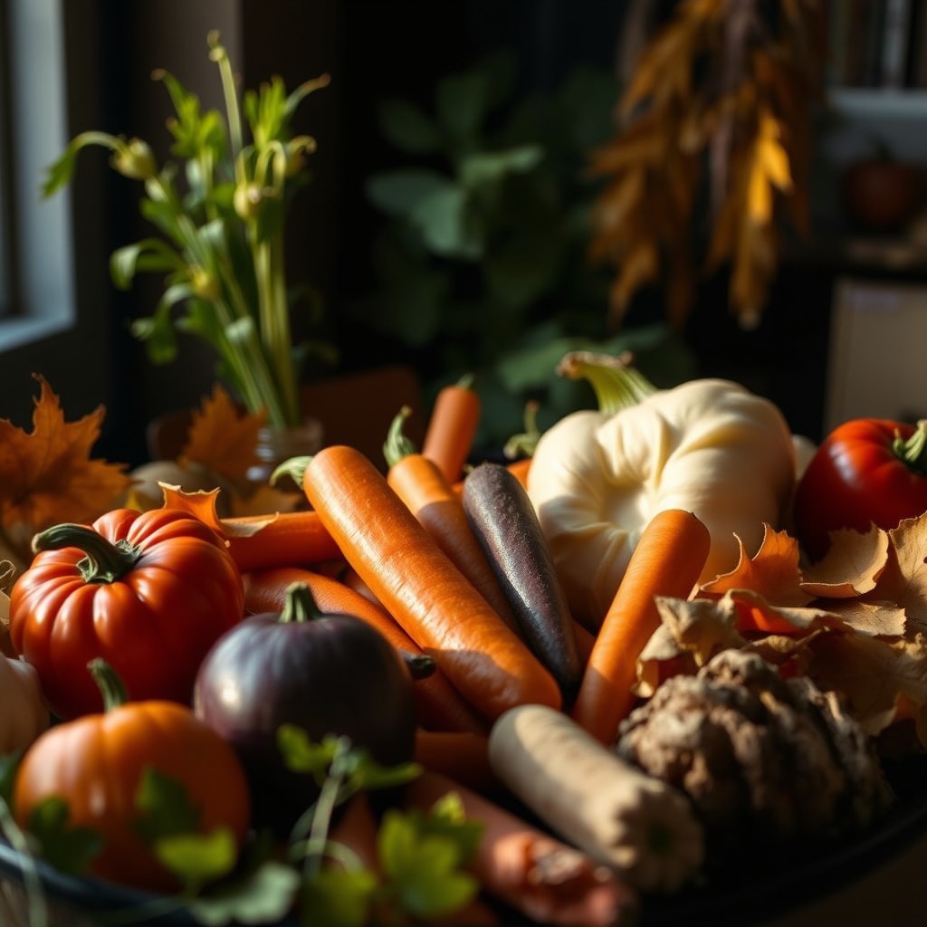 seasonal autumn vegetables, warm cinematic light