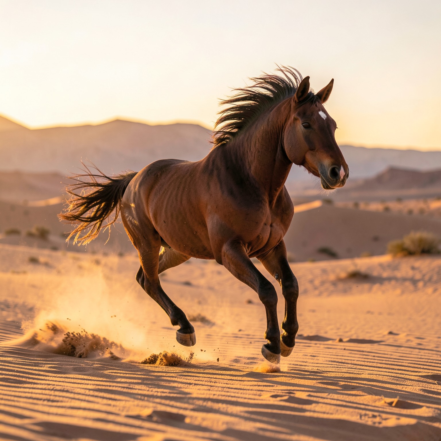 realistic horse running across desert during golden hour