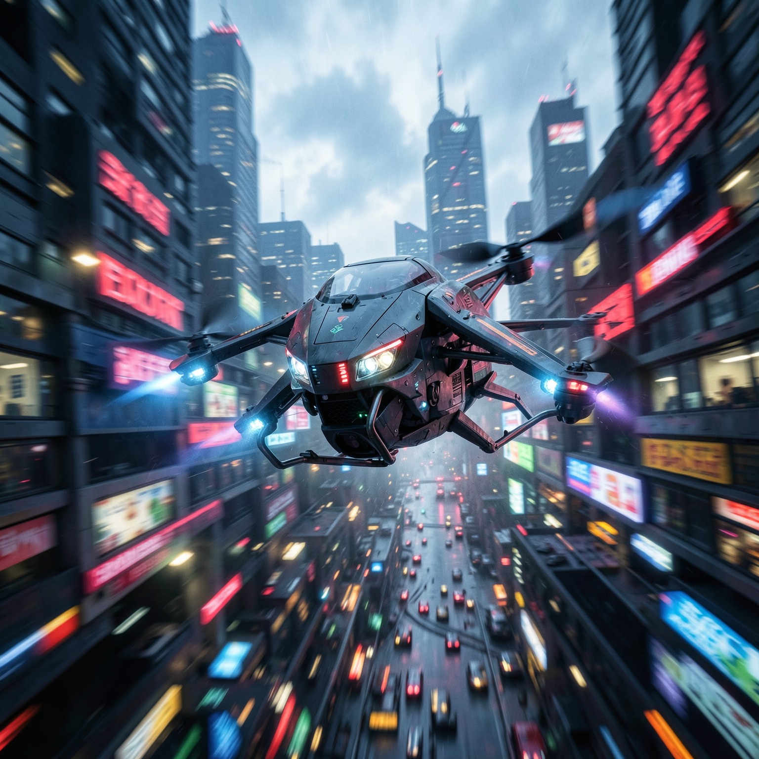 Futuristic drone flying through cyberpunk megacity, motion blur, cinematic action