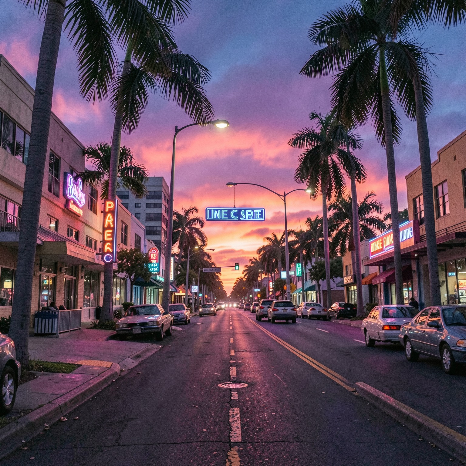 Retro 80s Miami street with synthwave sunset and palm trees