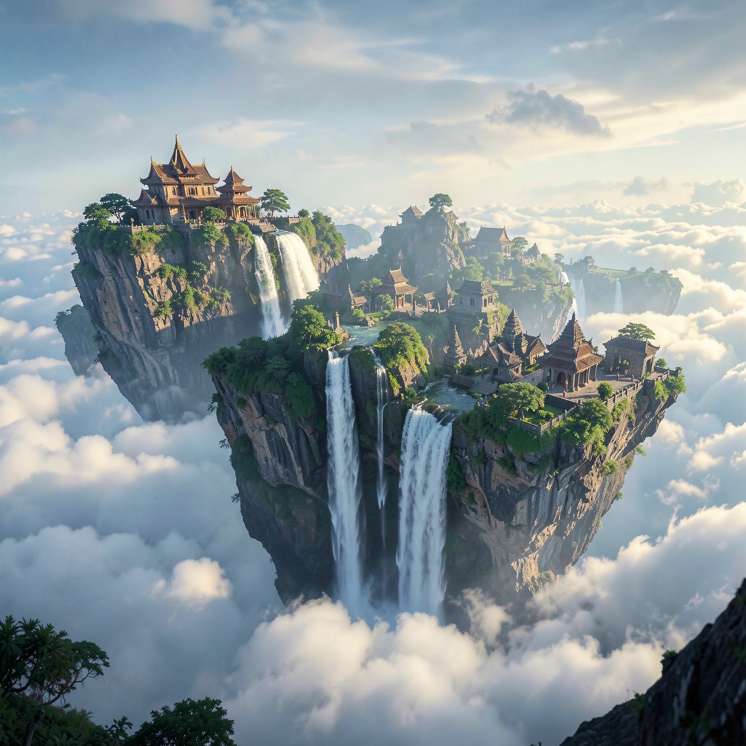 floating islands above clouds with waterfalls and ancient temples