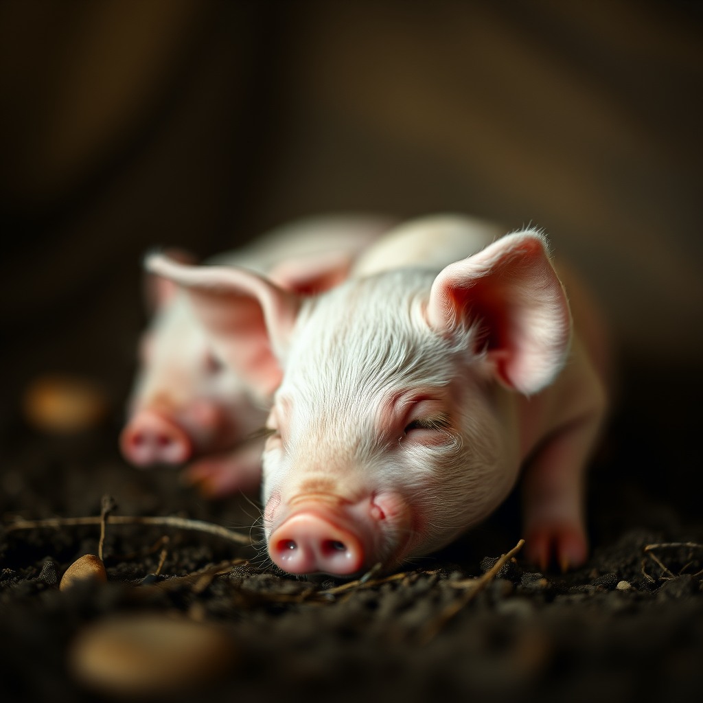 sleepy piglet, dreamy atmosphere, shallow depth of field
