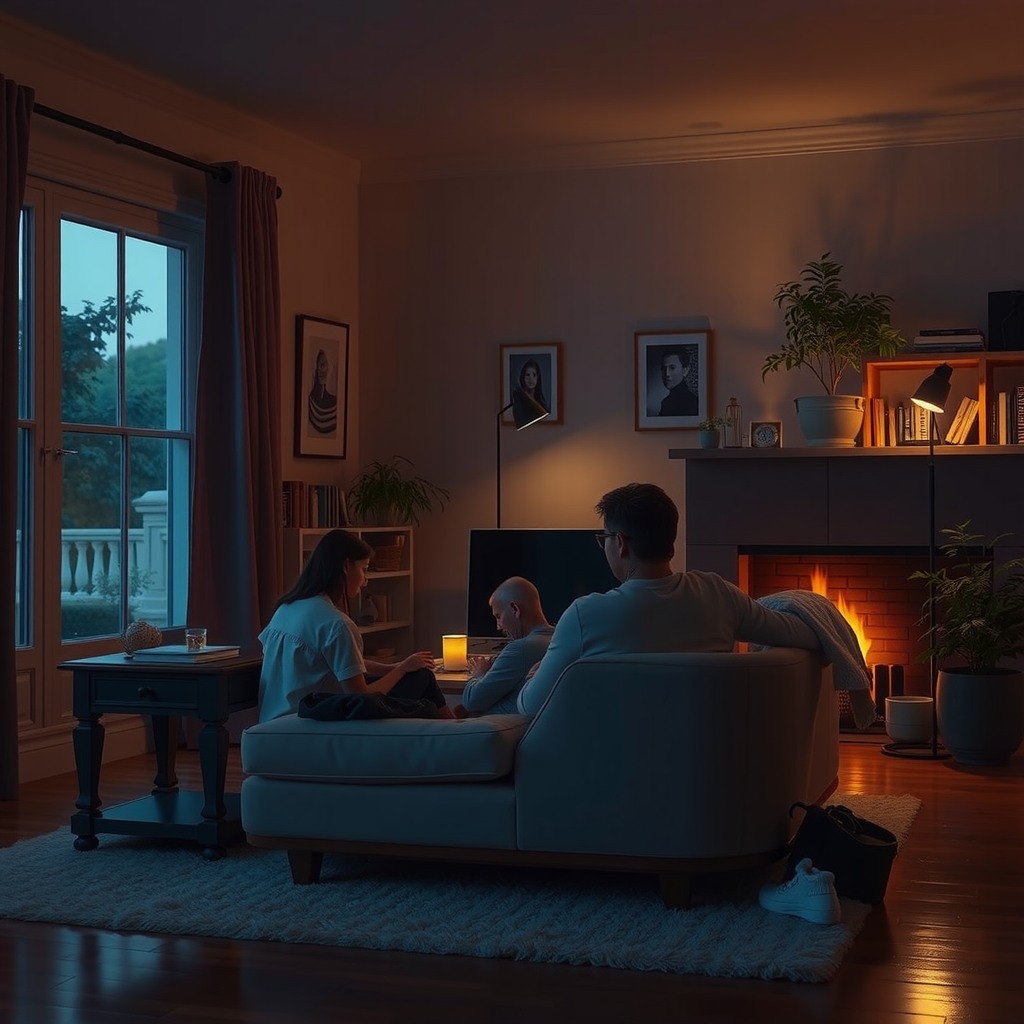 Photo-realistic editorial photography, realistic scene representing a calm evening at home with people