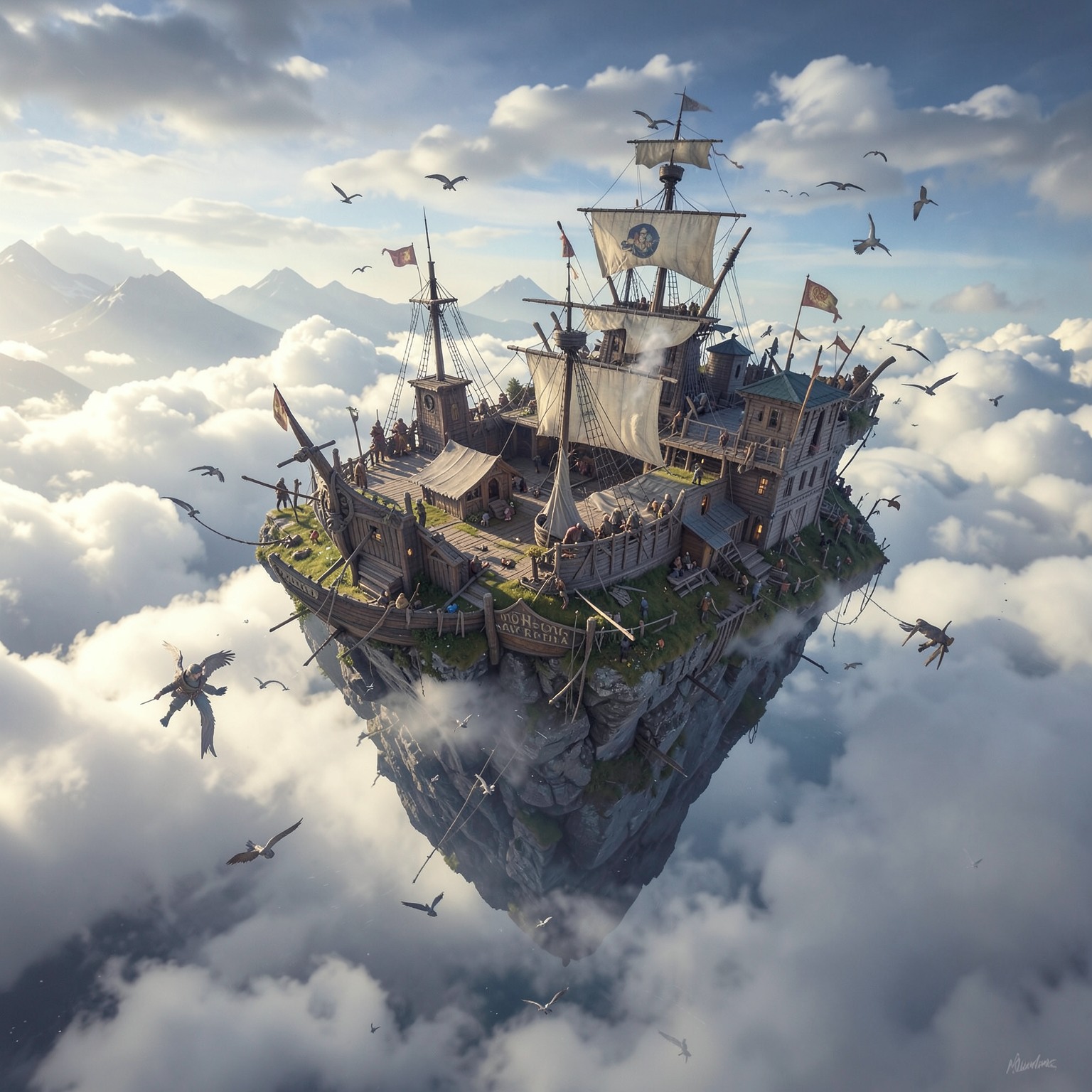 Floating Viking kingdom above clouds