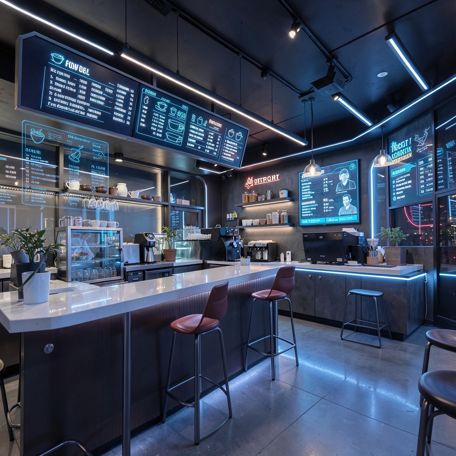 Futuristic coffee shop with holographic menus