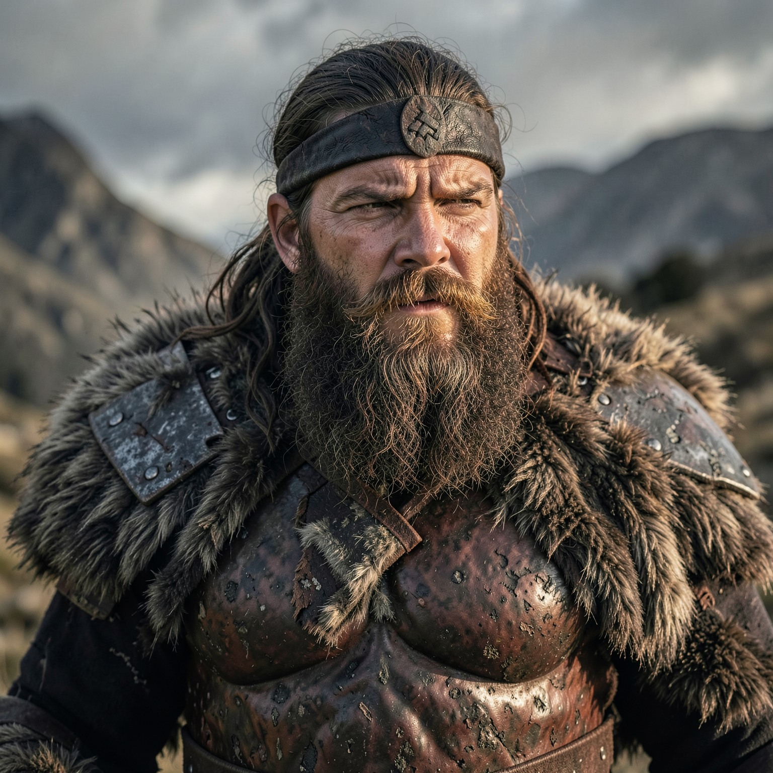 cinematic portrait of a Viking warrior with detailed beard and armor