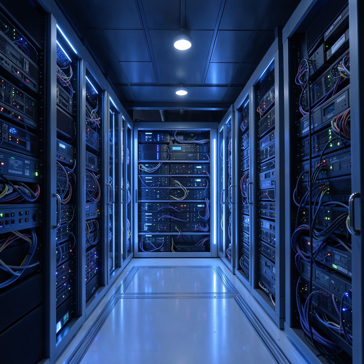 futuristic AI server room glowing blue