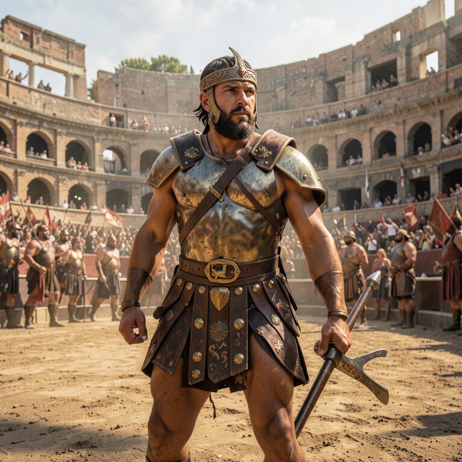 cinematic Roman gladiator inside ancient arena