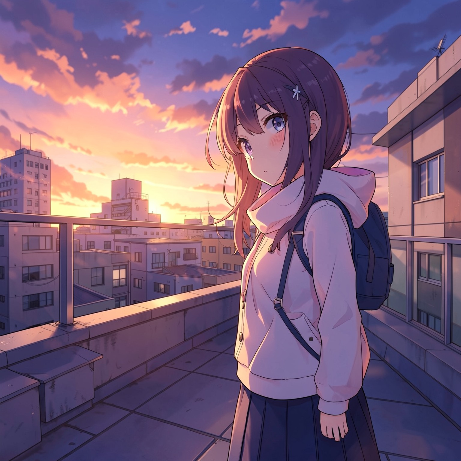anime school rooftop at sunset, emotional atmosphere, cinematic sky