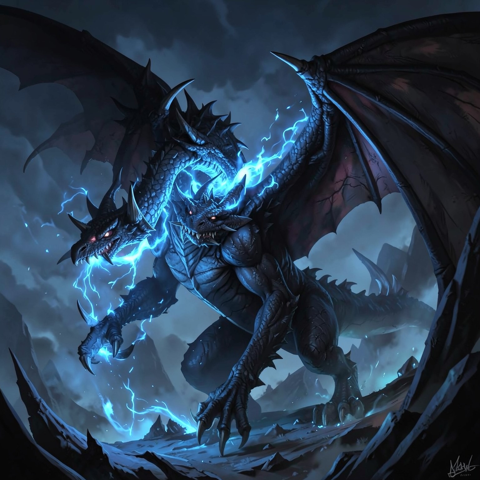 fantasy black dragon breathing blue fire