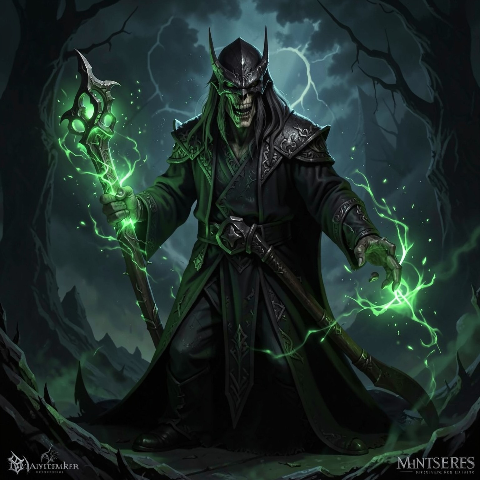dark fantasy necromancer with glowing green magic