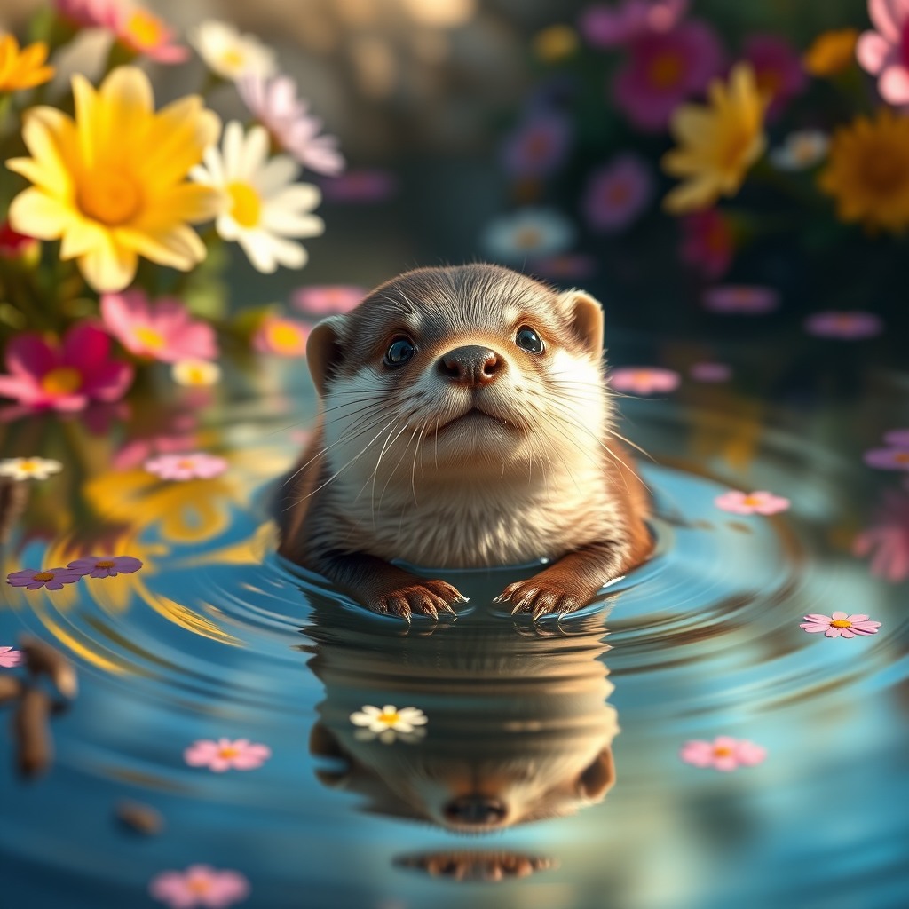 adorable baby otter floating on water surrounded by colorful flowers, soft sunlight, calm reflections, dreamy atmosphere, ultra detailed, cute cinematic look