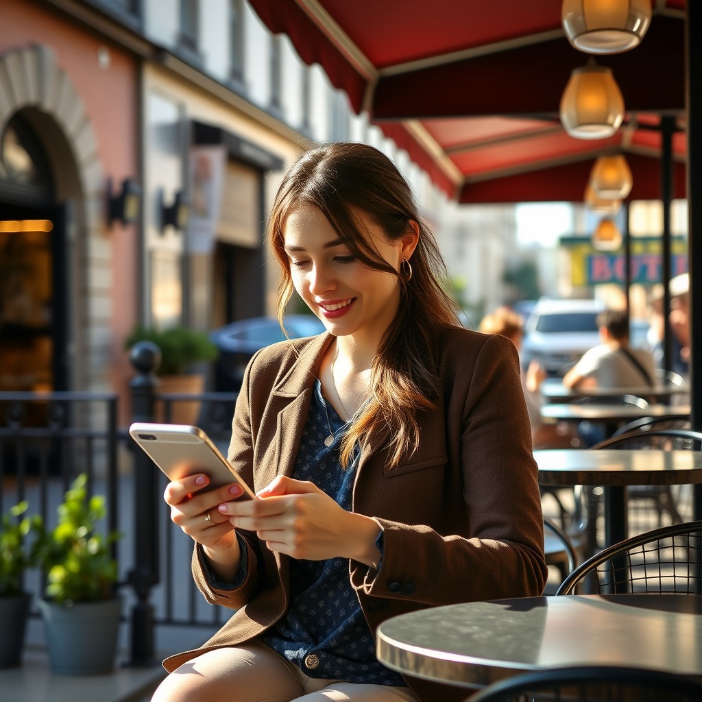Photo-realistic editorial photography, realistic scene representing a woman using smartphone at café terrace, urban lifestyle, natural sunlight, shallow depth of field