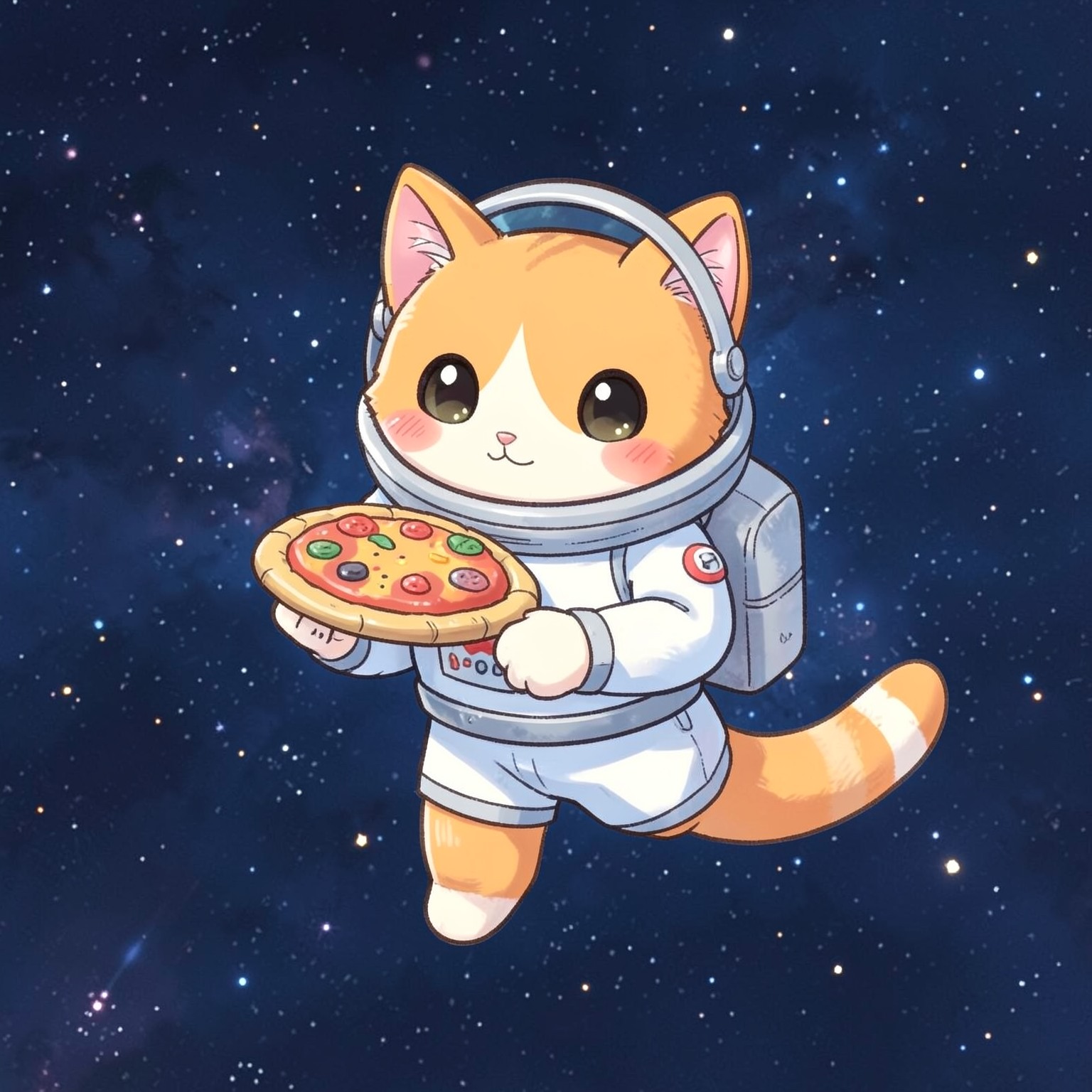 cute orange cat astronaut floating in space holding pizza