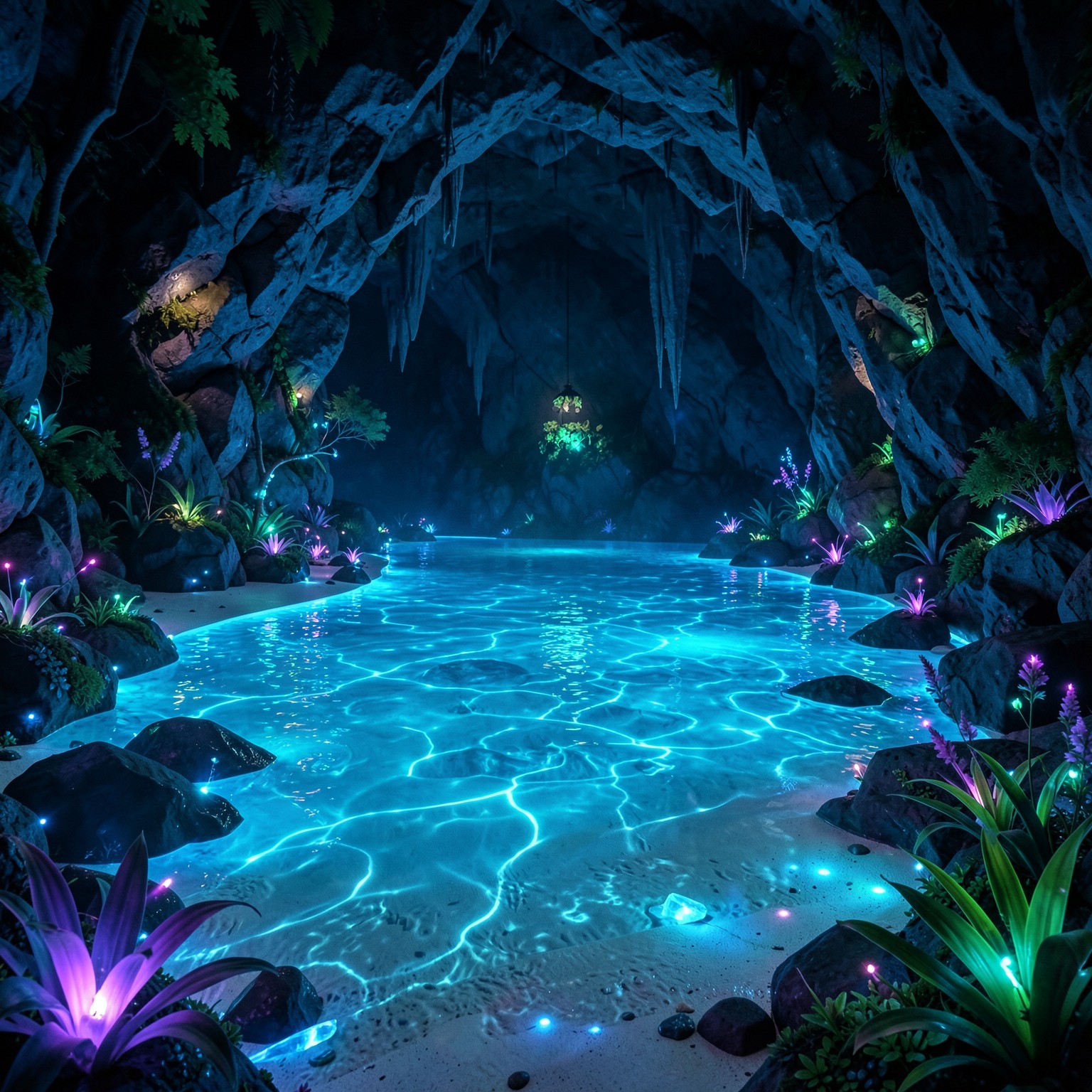 Bioluminescent cave beach with crystal water and glowing plants