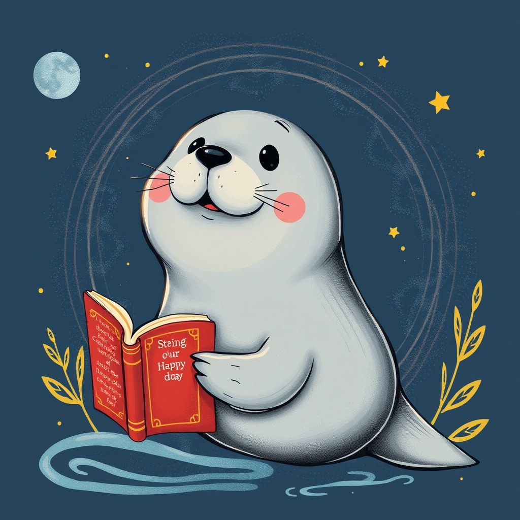 curious seal, storybook style, whimsical cute style