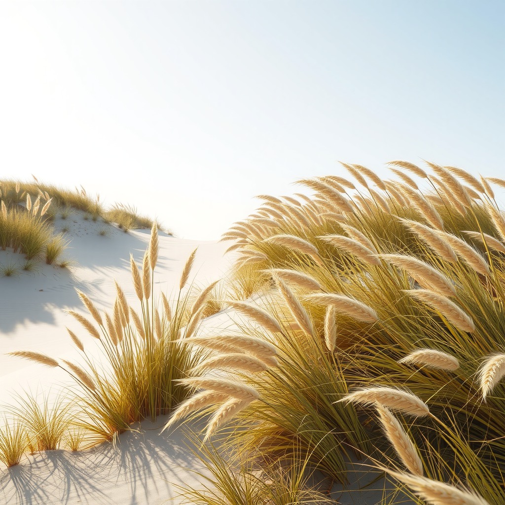 Photo-realistic scene of coastal dunes with tall grass moving in wind, soft sunlight