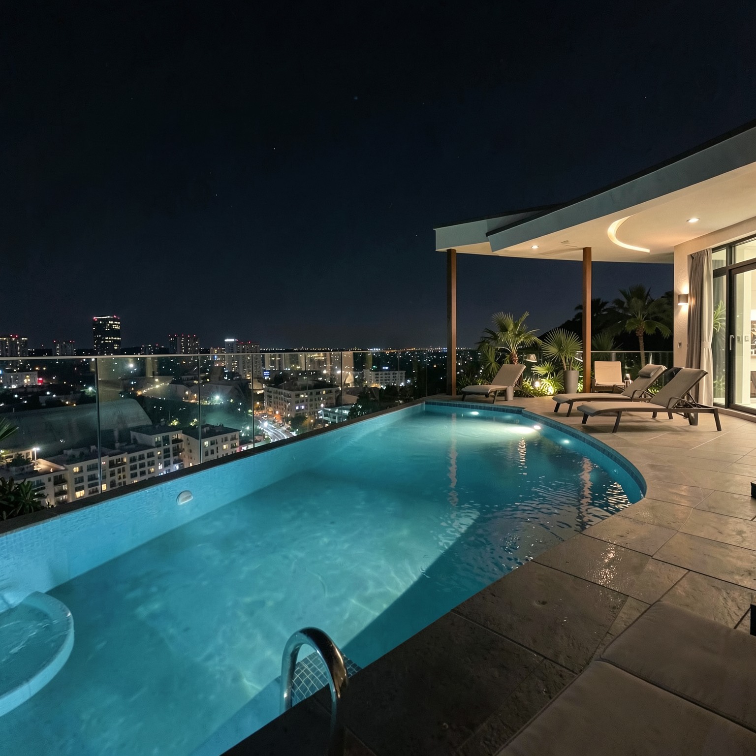 luxury rooftop infinity pool at night