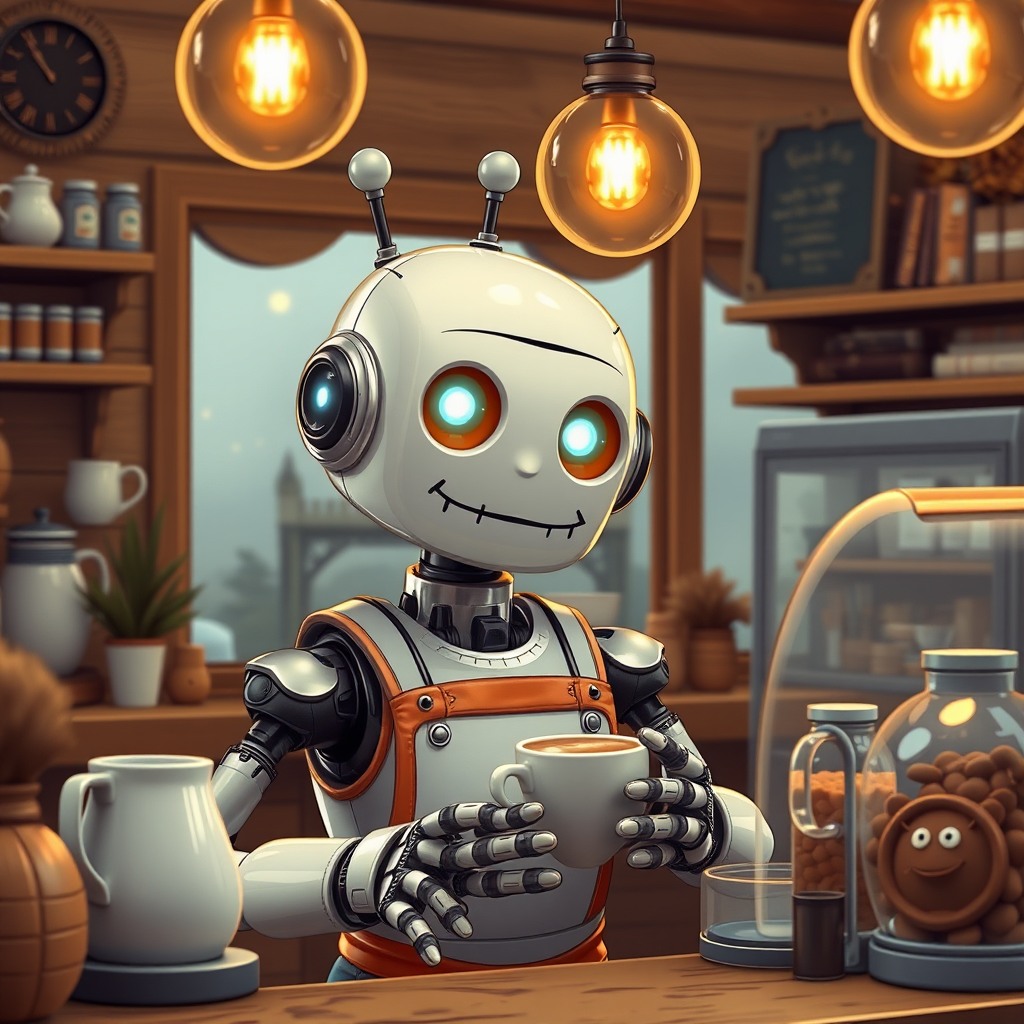 cute robot barista in a cozy coffee shop, warm lighting, whimsical style, high detail