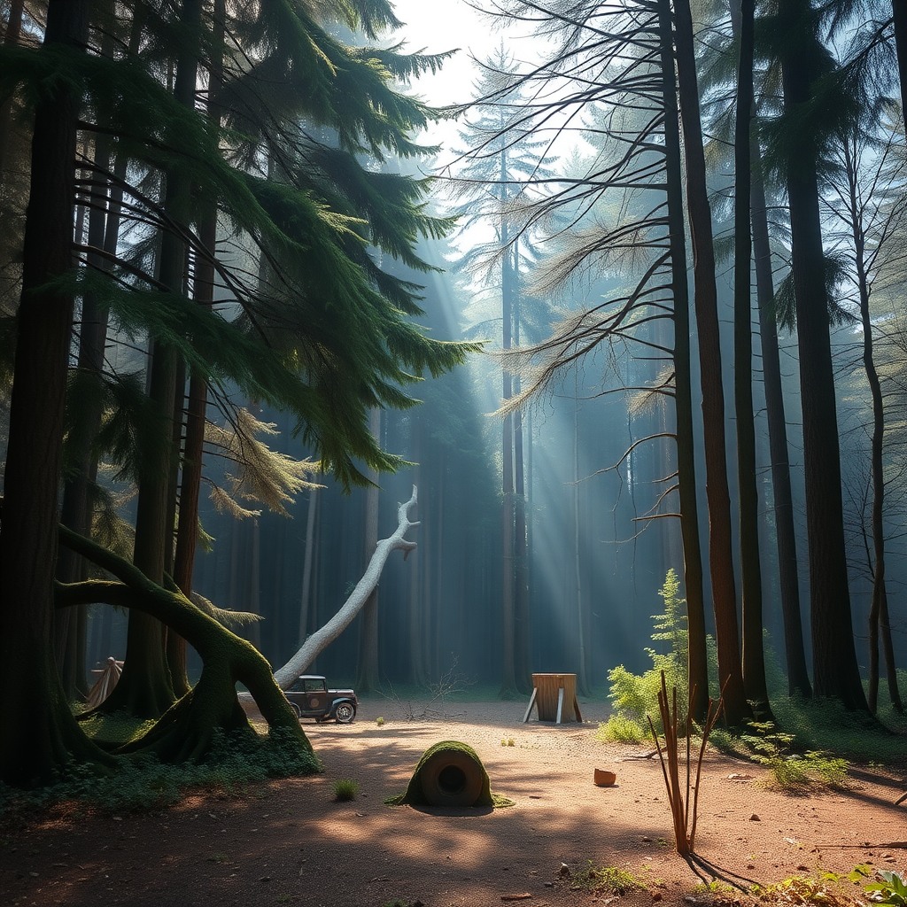 Photo-realistic editorial photography, realistic scene representing forest clearing