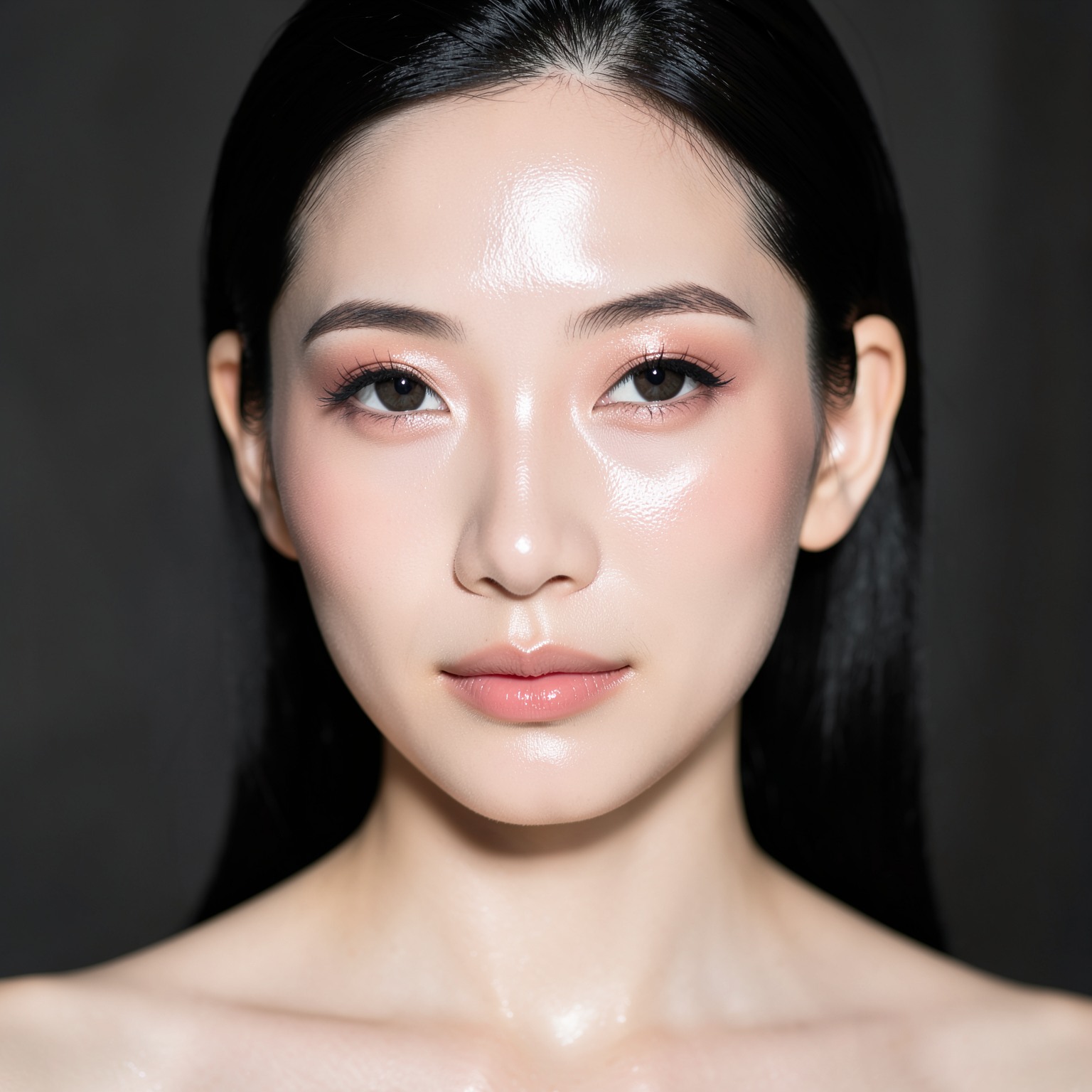 Tight portrait of elegant Asian woman with glossy skin and soft shadows