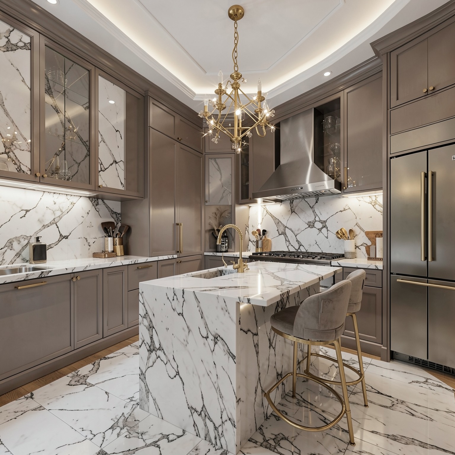 luxury kitchen interior with marble and gold