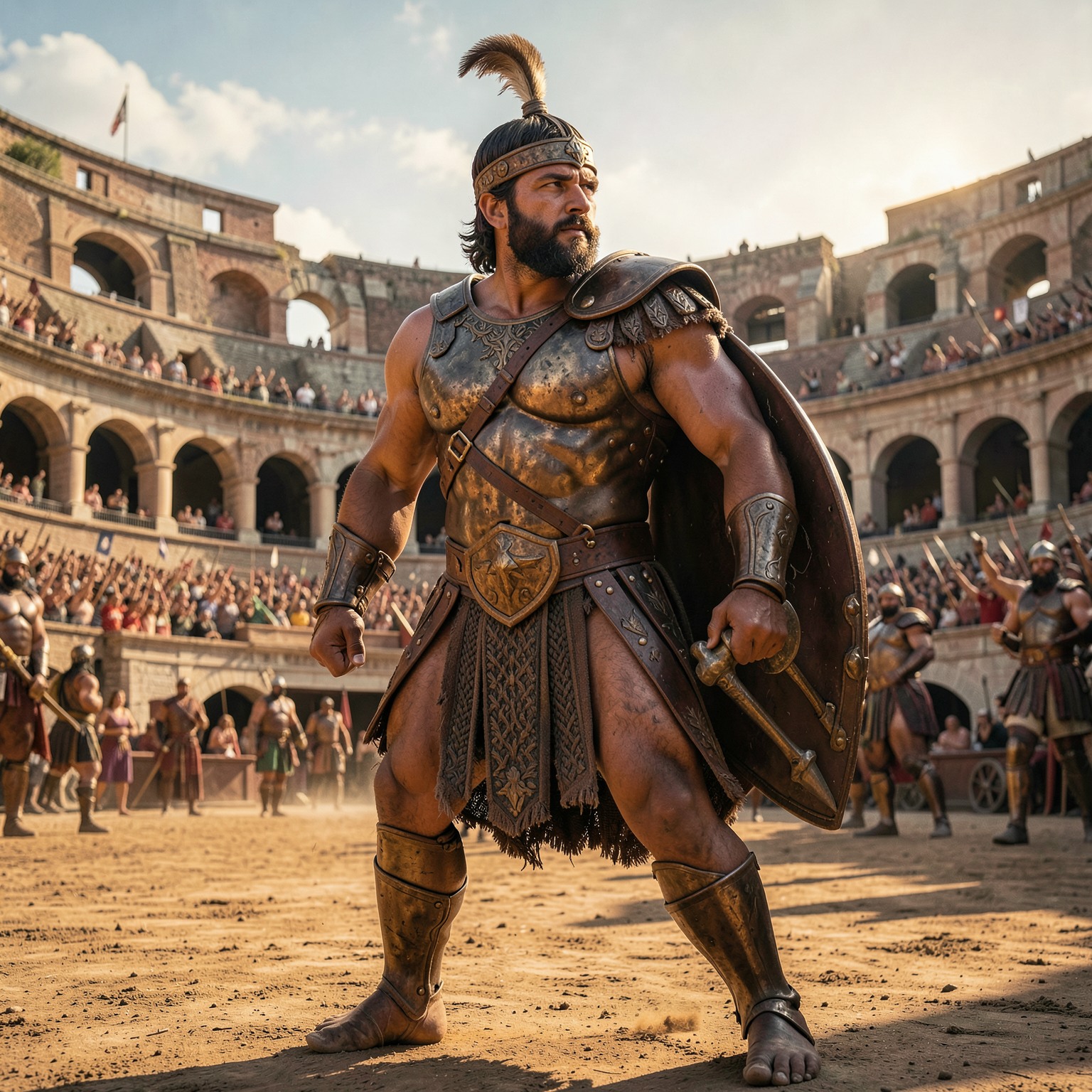 cinematic Roman gladiator inside ancient arena