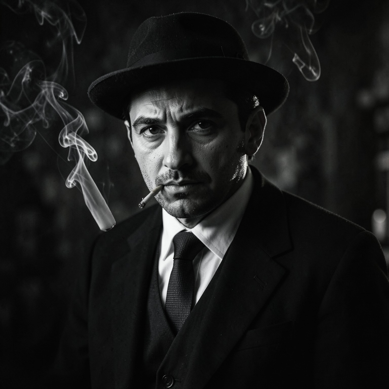 Elegant noir detective portrait, cigarette smoke, moody cinematic lighting