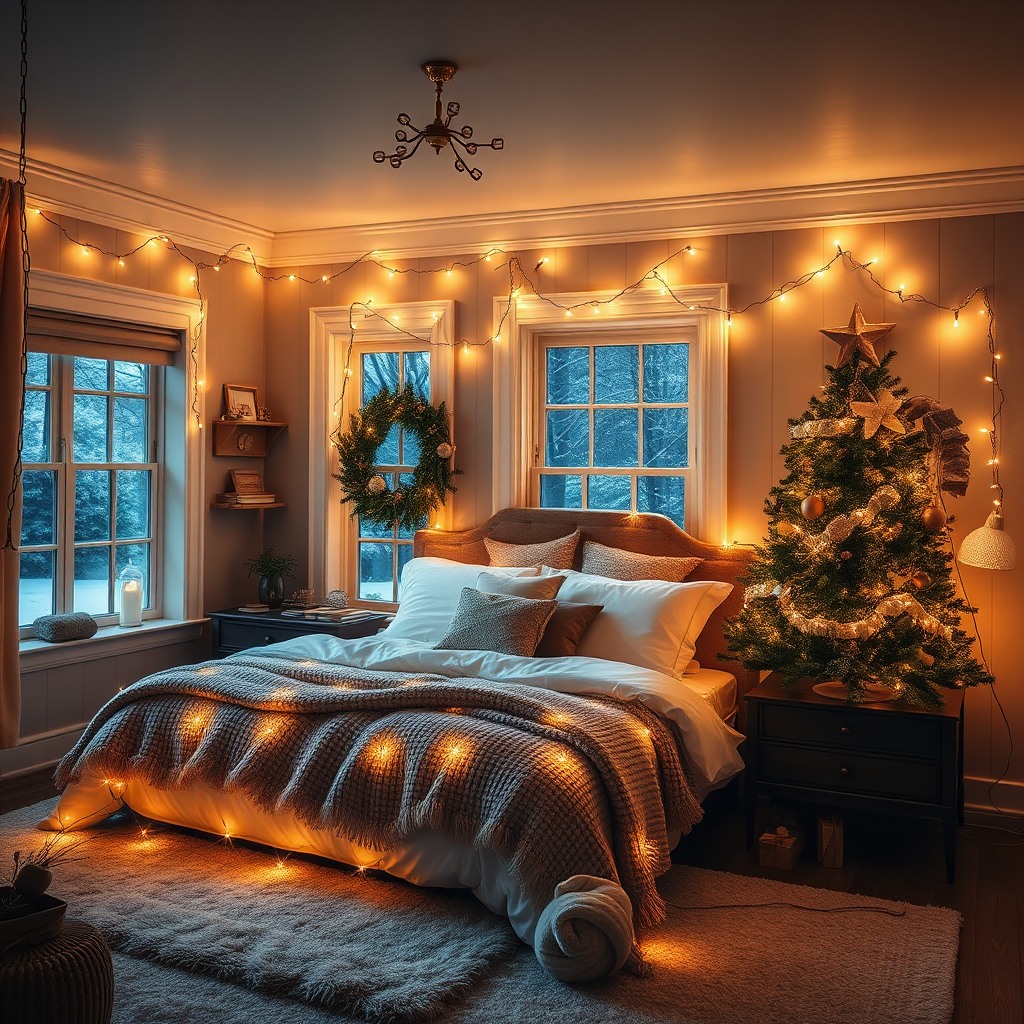 cozy christmas bedroom, fairy lights, warm tones, ultra detailed