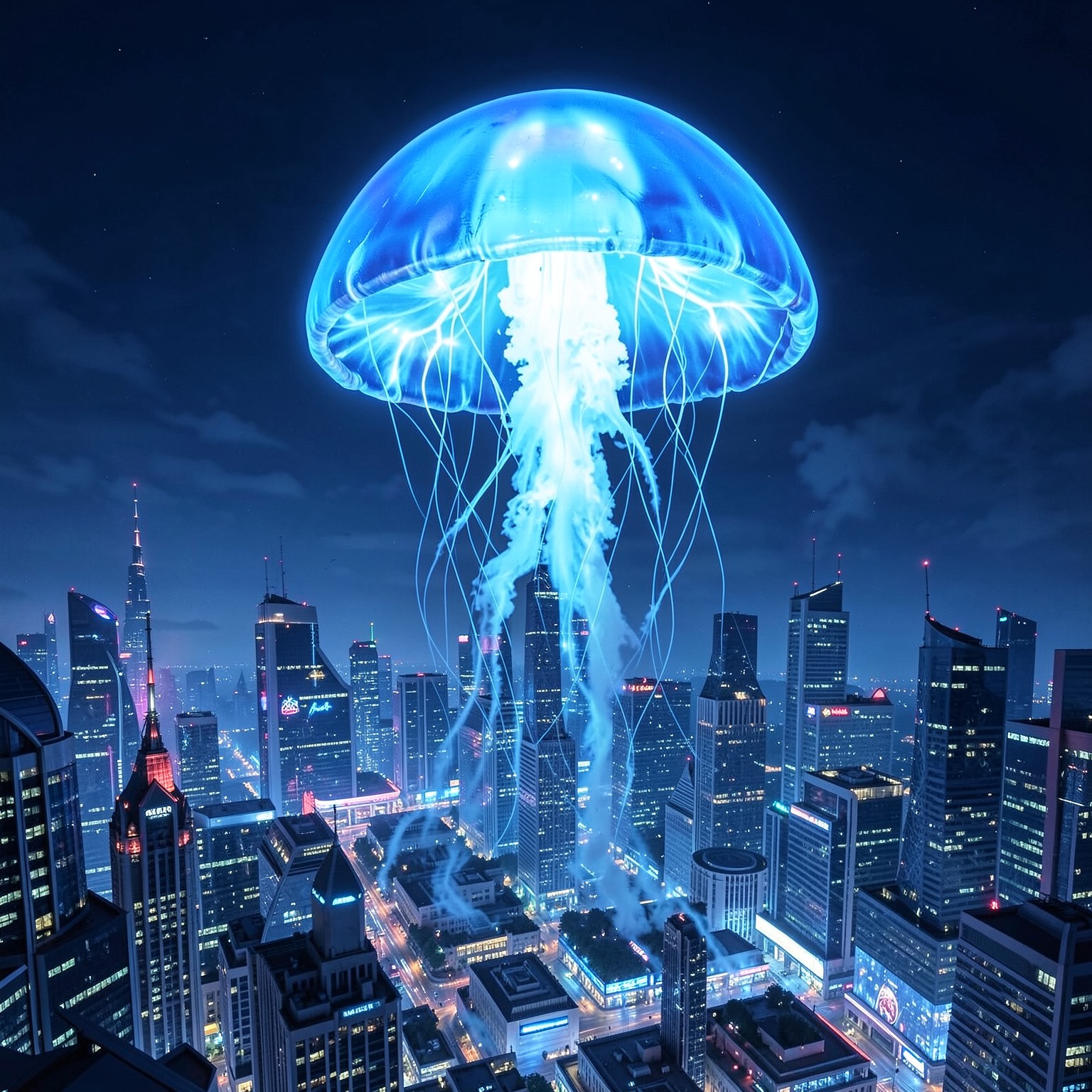 giant glowing jellyfish floating above a futuristic city skyline at night