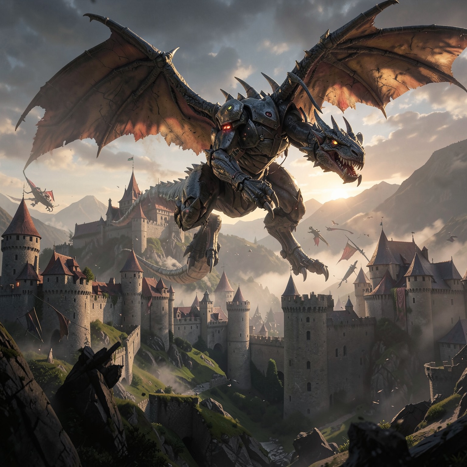 Giant robotic dragon flying over medieval kingdom, epic cinematic scale