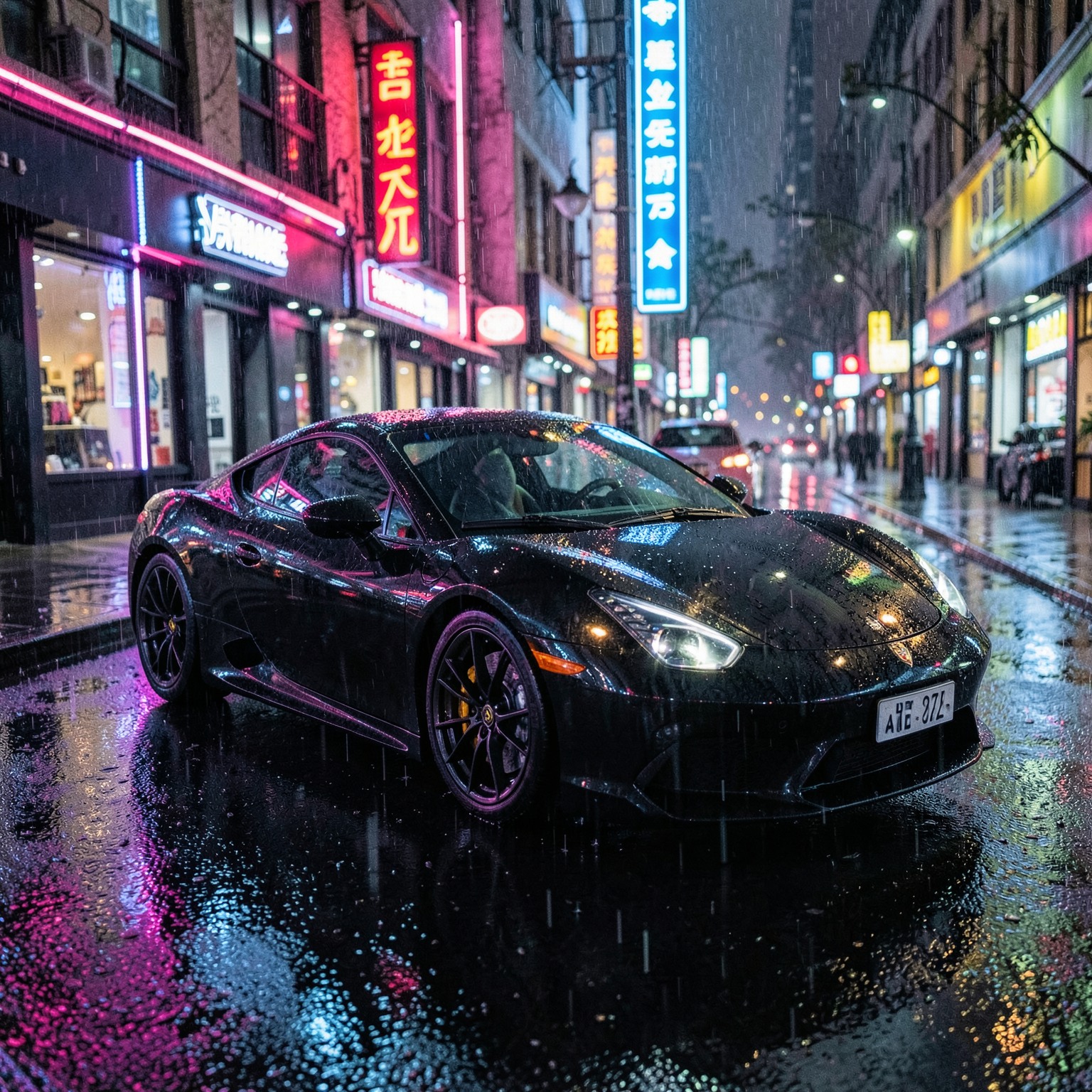 Luxury black sports car in rainy neon street