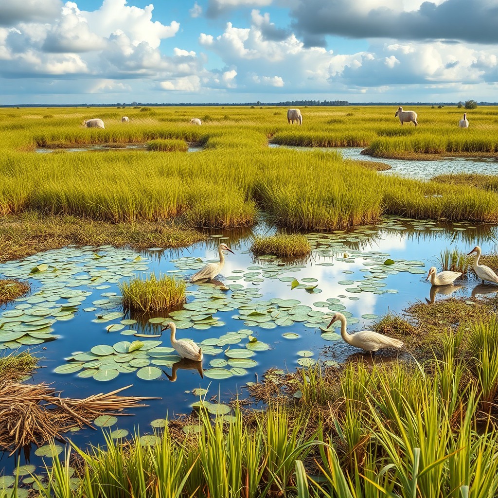 Photo-realistic editorial photography, realistic scene representing wetlands