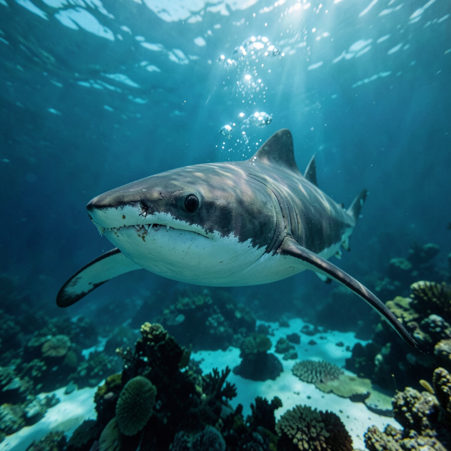 realistic shark underwater cinematic photo